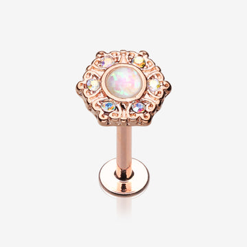 Rose Gold Ornate Mandala Sparkle Opal Labret-Aurora Borealis/White